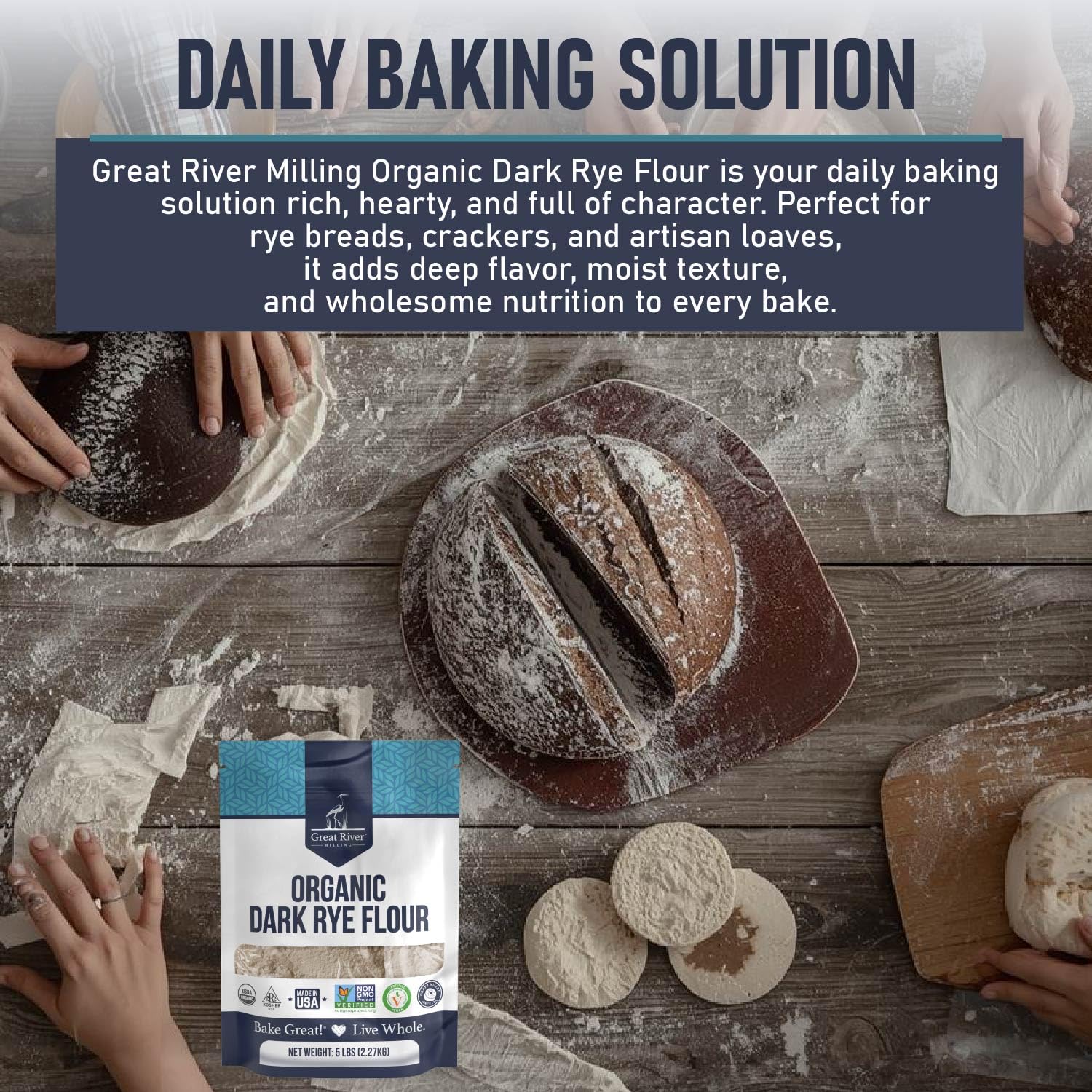 Great River Milling Organic Dark Rye Flour, Whole Grain, 25 lb