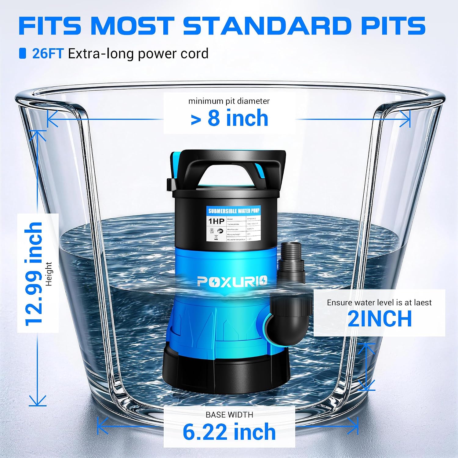 1HP Submersible Sump Pump, 5300GPH High Flow Dirty Clean Submersible Water Pump with Automatic Float Switch, 26FT Long Cord for Swimming Pool