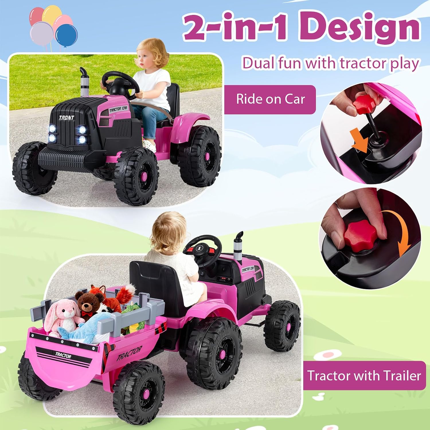 Costzon Ride on Tractor with Detachable Trailer, Kids' Electric Vehicles w/3-Gear-Shift Ground Loader, Wireless Design & USB, 7 LED Headlights