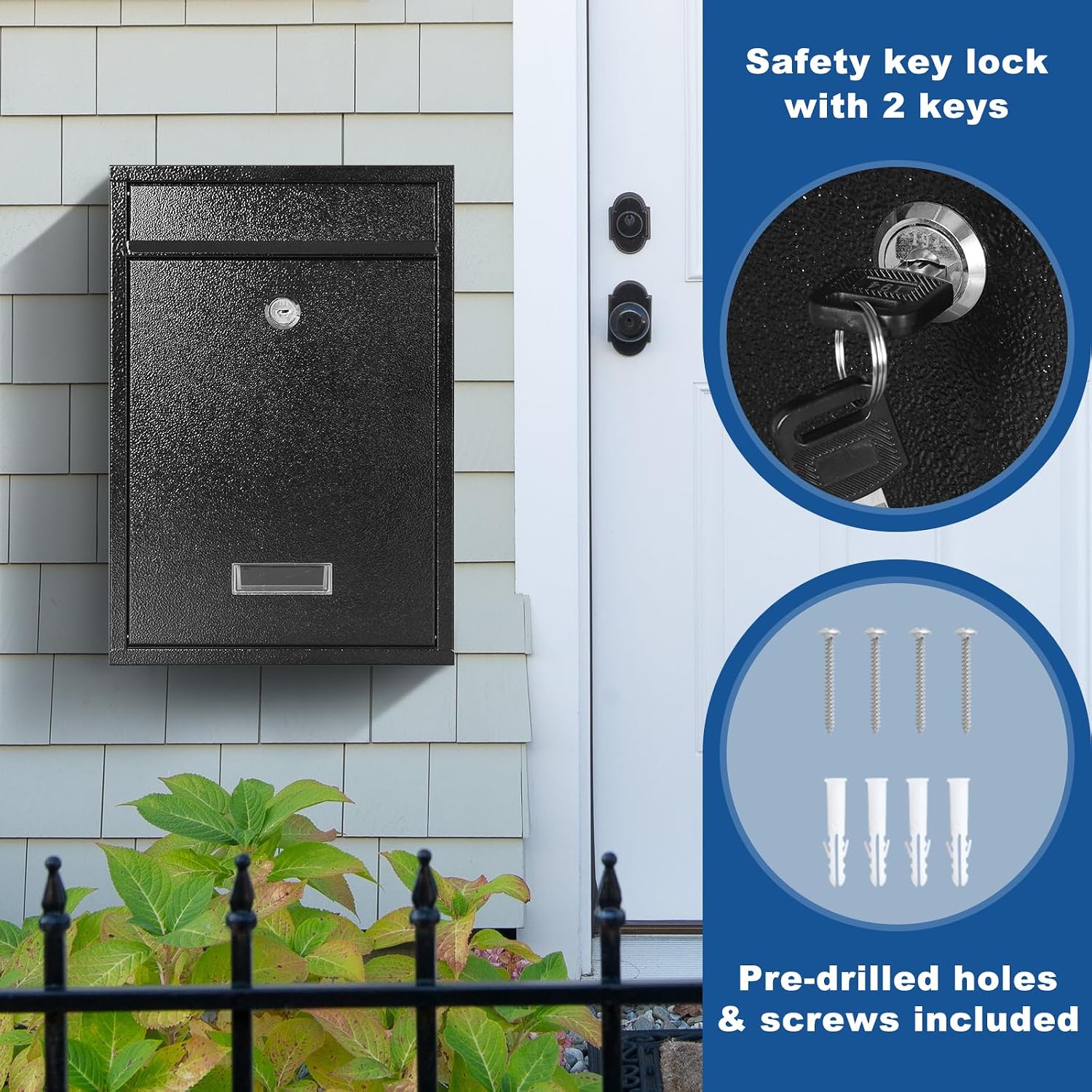 KYODOLED Mailbox for Outside, Wall Mount Locking Mailbox, Security Drop Box with Key Lock for Letters, Cash, Cards, Steel Mail Box for House Office School, 12.4H x 8.54L x 3.35W Inches, Black
