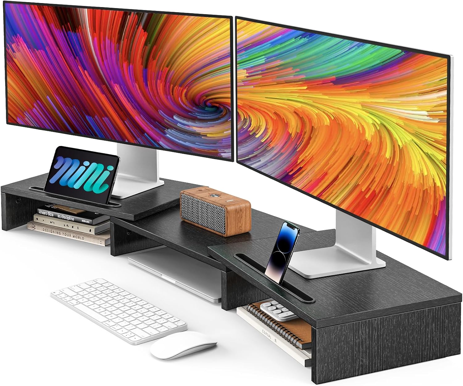 AMERIERGO Dual Monitor Stand Riser- 3 Shelf Screen Stand with Adjustable Length and Angle, 2 Extra Functional Slot Desktop Organizer Stand for PC