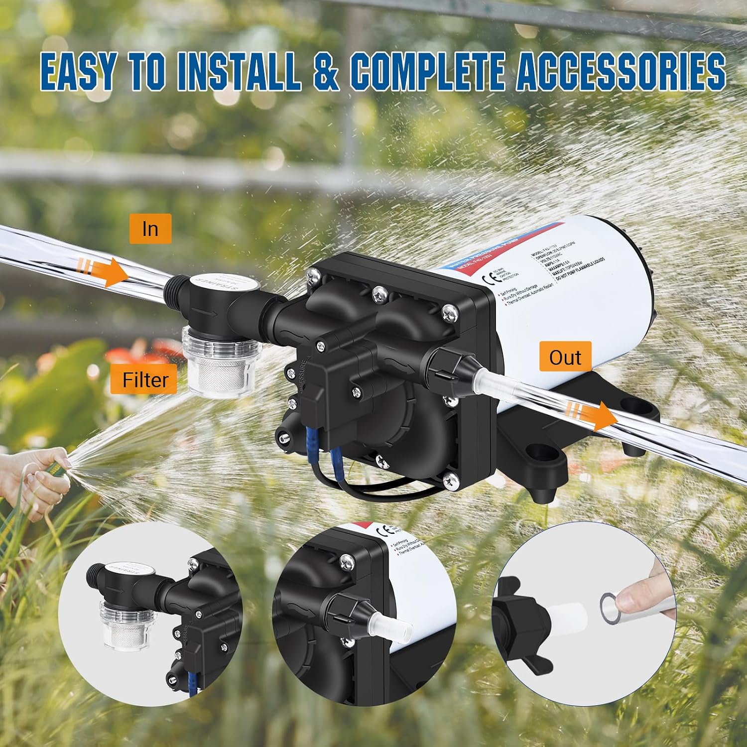 YOUNGTREE RV Water Pressure Diaphragm Pump 110V 4.0GPM 50PSI On Demand Fresh Water Transfer Pump 110Volt AC with Garden Hose Adapters for Irrigation Home Pool Draining Sprinkler