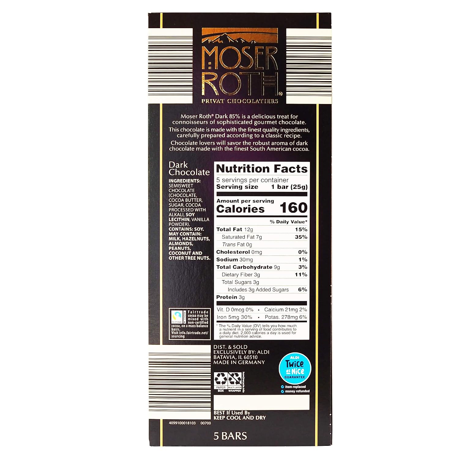 Moser Roth Fine Premium European Dark Chocolate 85% Cocoa (Pack of 4)