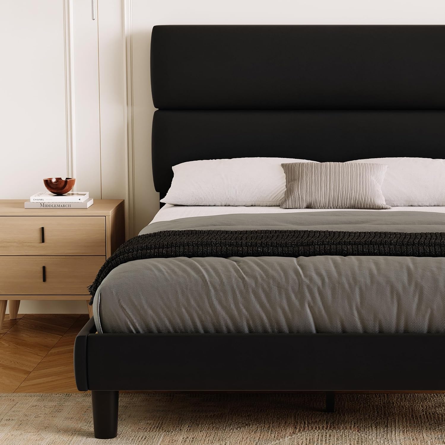 GRUSIGN Queen Size Platform Bed Frame with Velvet Headboard, Adjustable Height Wooden Slats Support, Upholstered Mattress Foundation, Fits Mattress or Mattress with Box Spring, Easy Assembly, Beige