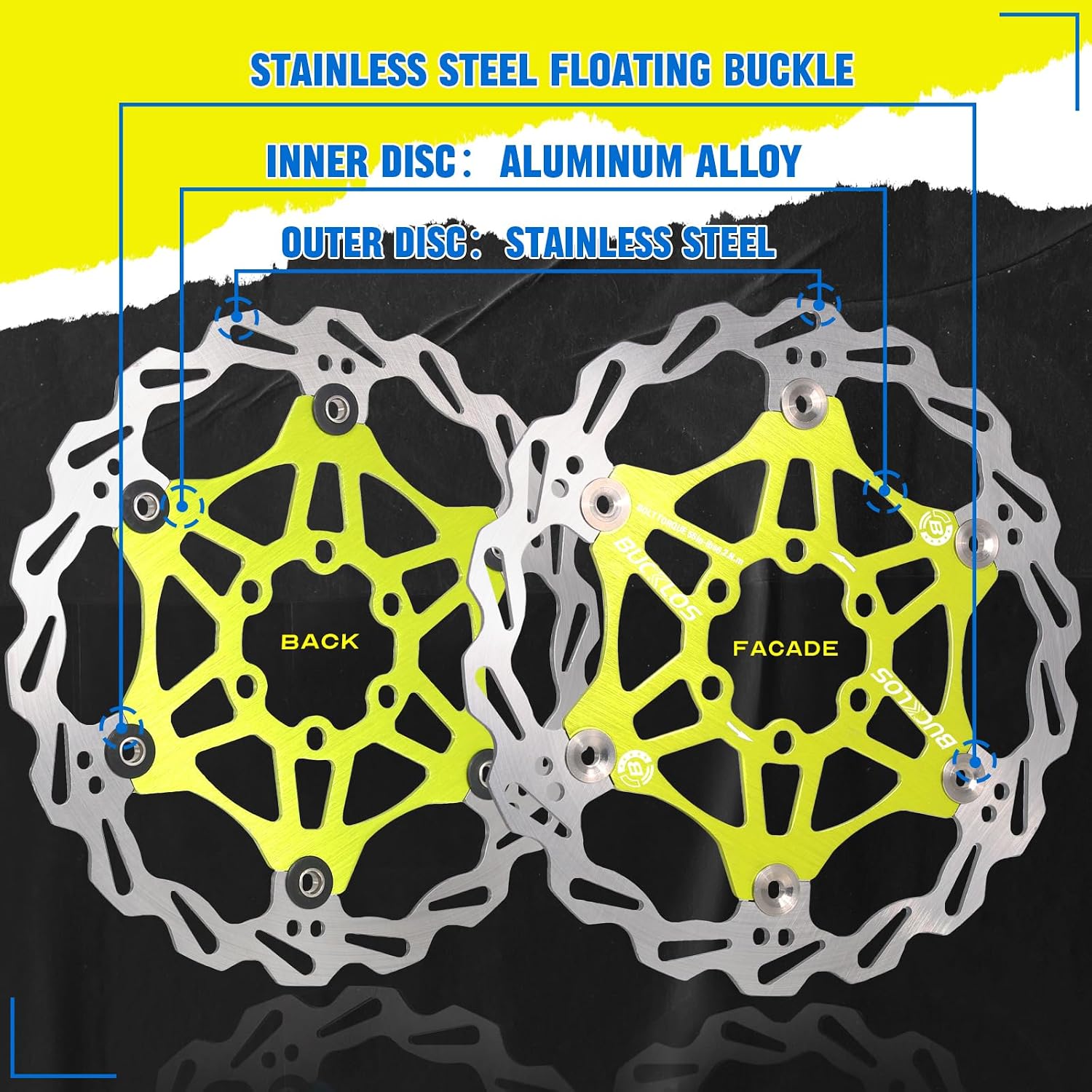 BUCKLOS 160mm 180mm 203mm Floating Disc Brake Rotor, Stainless Steel MTB Brakes Rotors with 6PC Bolts