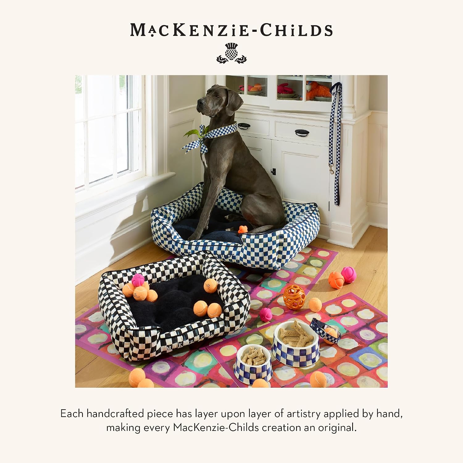 MACKENZIE-CHILDS Enamel Pet Dish, Large, Black-and-White Courtly Check | Decorative cat and dog bowl for food and water, 40-ounce capacity
