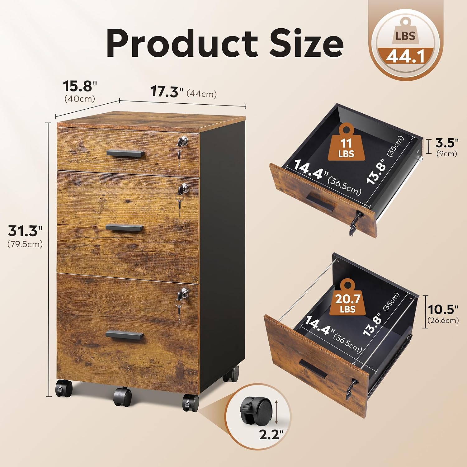 DEVAISE 3 Drawer File Cabinet with Lock & Wheels, Wood Printer Stand | Mobile Filing Cabinet Fits Letter/A4 Size; Rustic Brown Wood Printer Stand Keeps Home Office Files Secure And Organized