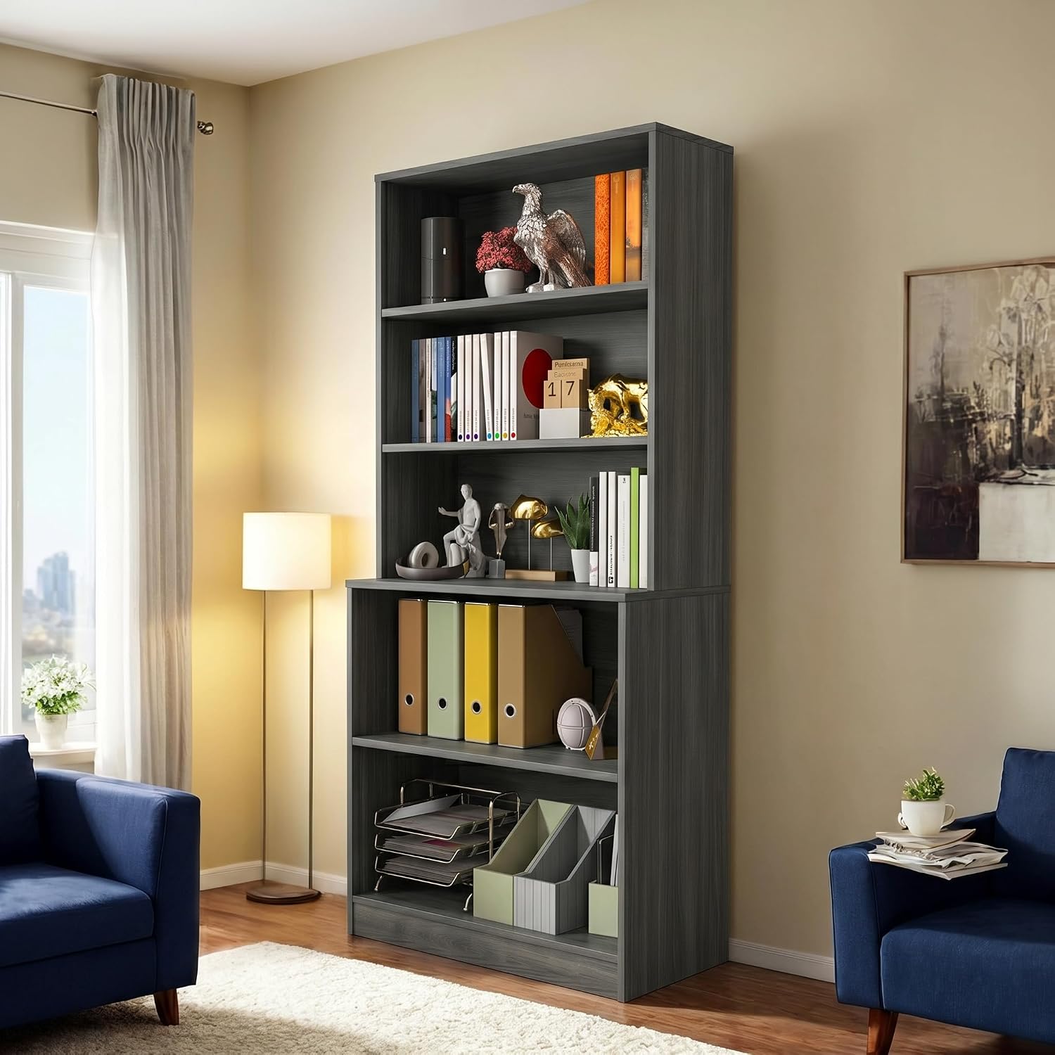 holzart 71" Tall Book Shelf, 5 Tier Large Bookshelf, Standing Wood Display Book Shelf for Living Room, Office, Library with Doors, 31.5" W x 70.87" H x 11.81" D, White