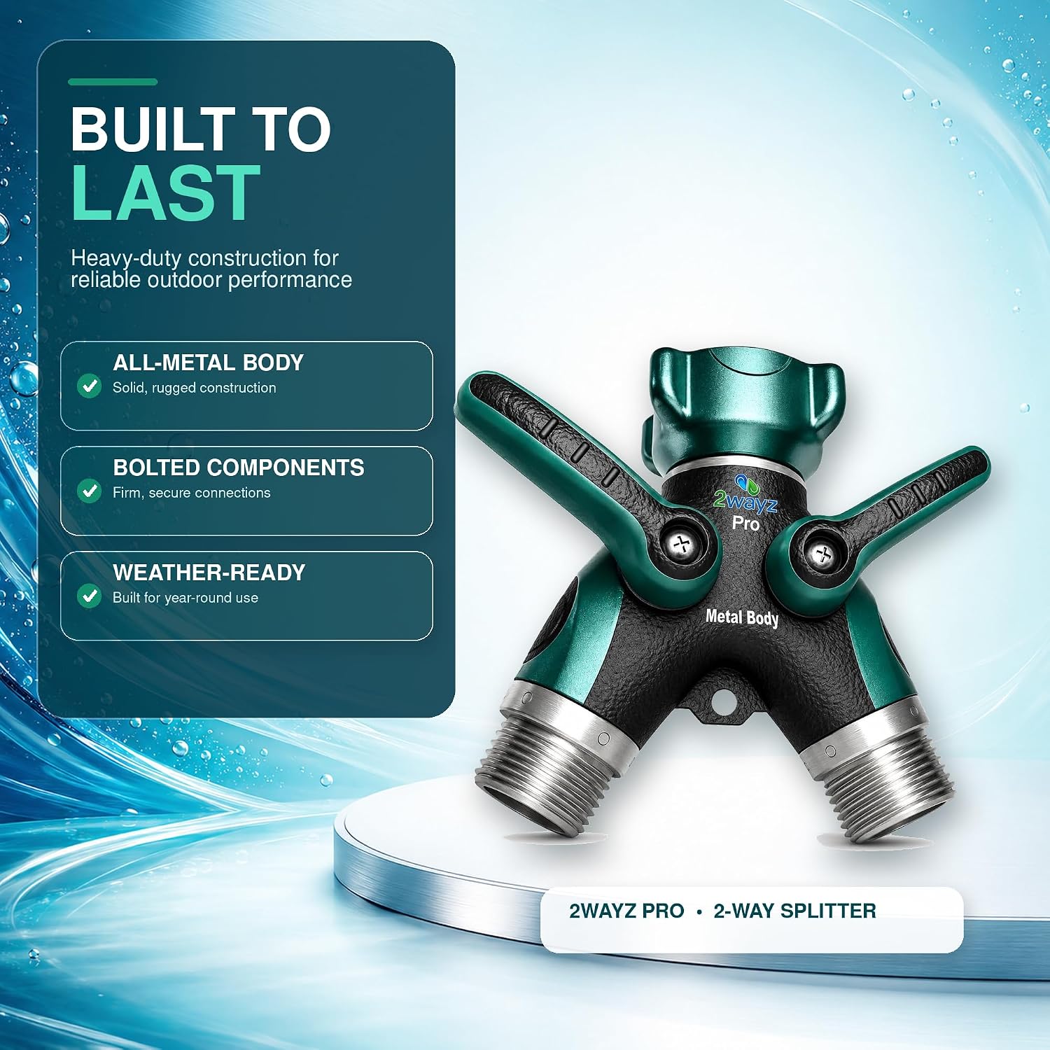 Hose Splitter 2 Way Heavy Duty Outdoor Faucet and Garden Connector - Water Spigot Splitter - Durable All-Metal Y Adapter with Shut-Off Valve - 4 x 4 x 1.5 Inches