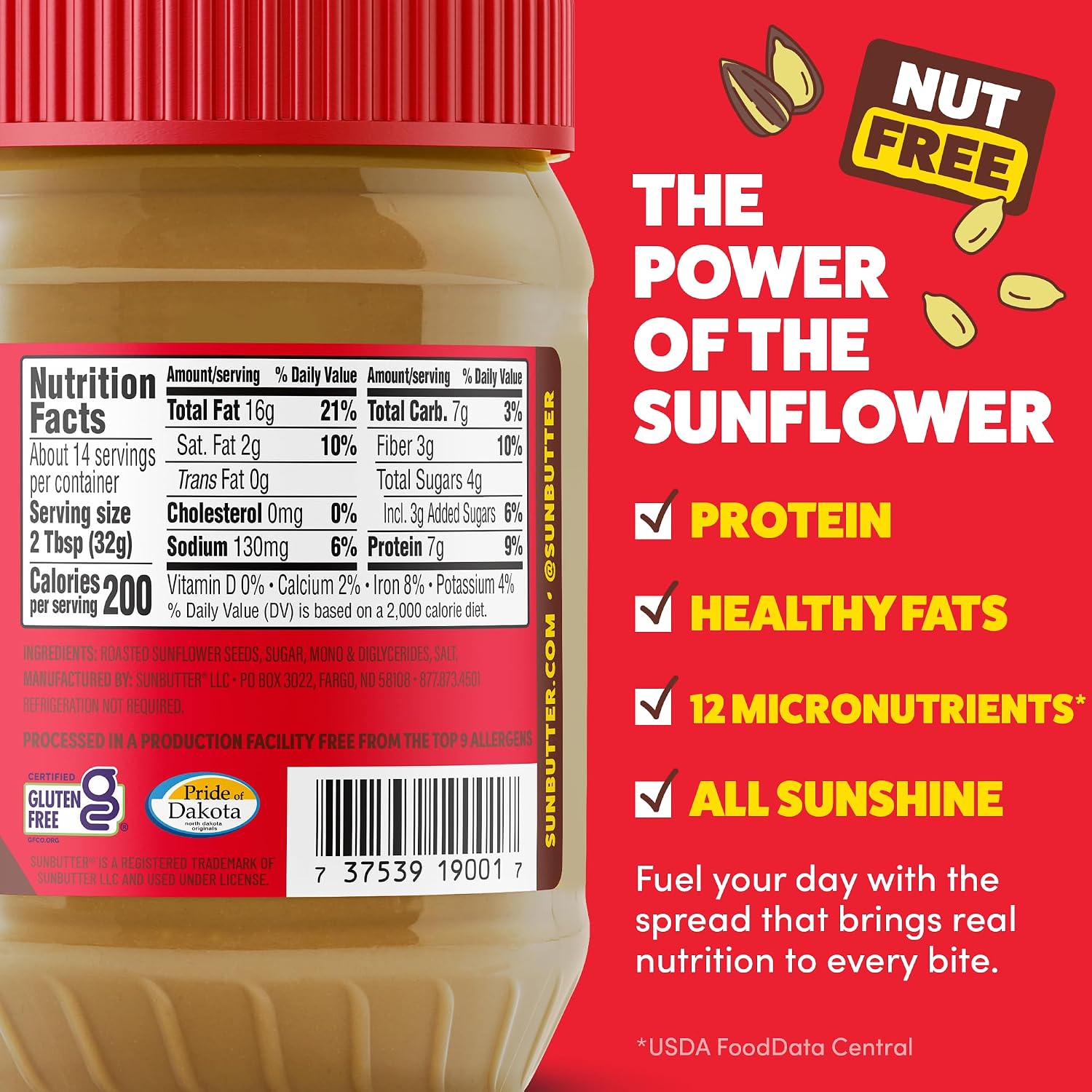 SunButter Original Sunflower Seed Butter, 16 oz Nut-Free Spread with 7g Plant-Based Protein, Roasted Rich & Savory Flavor, Smooth Texture | Vegan, Kosher & Non-GMO