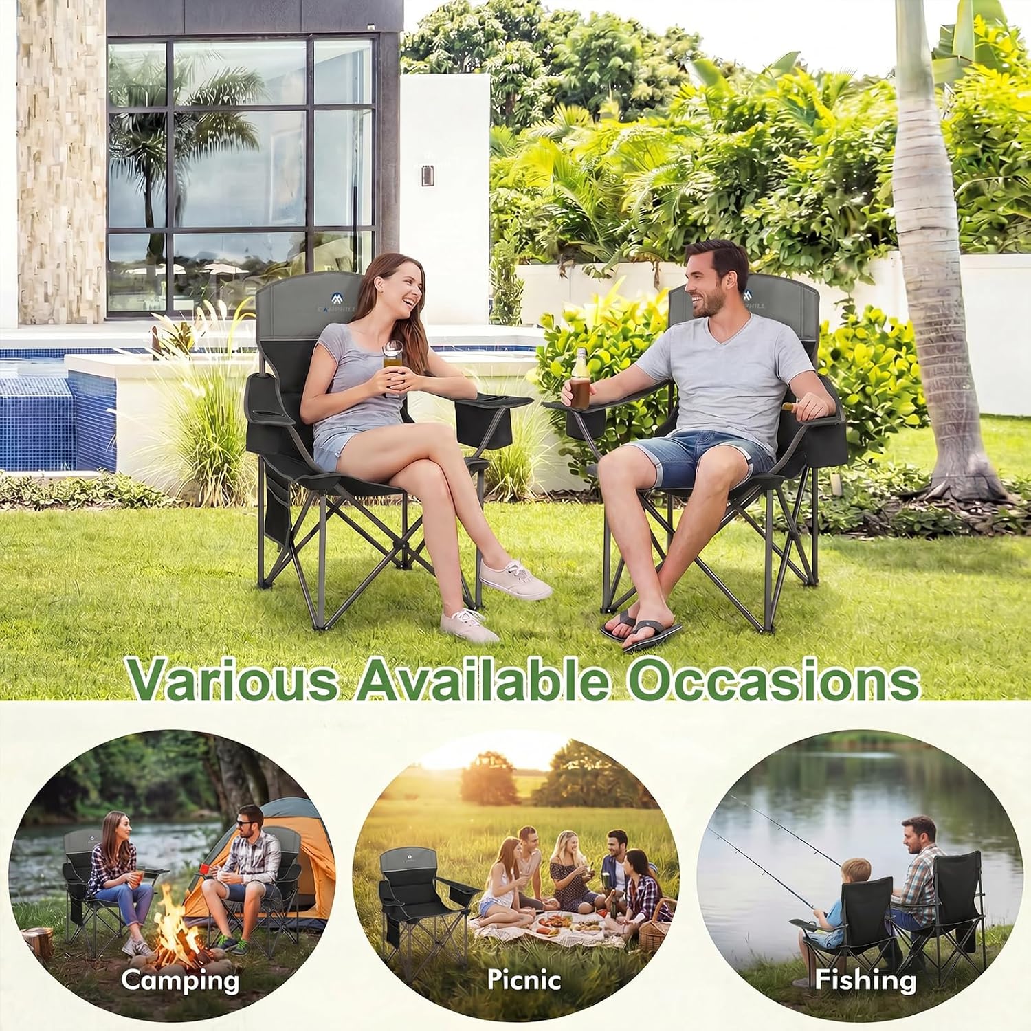 Oversized Camping Chairs 2 Pack - Heavy Duty 400LBS Padded Lawn Chair with Cooler Bag,Cup Holder,Side Pocket,Collapsible for Outdoor,Camp,Fishing & Garden,Dark Green