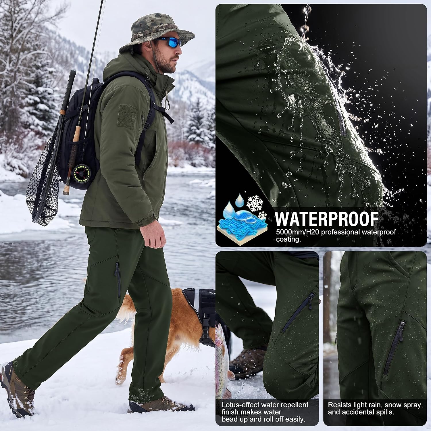 Men's Waterproof Pants Fleece Lined Insulated Winter Hiking Ski Snow Pants