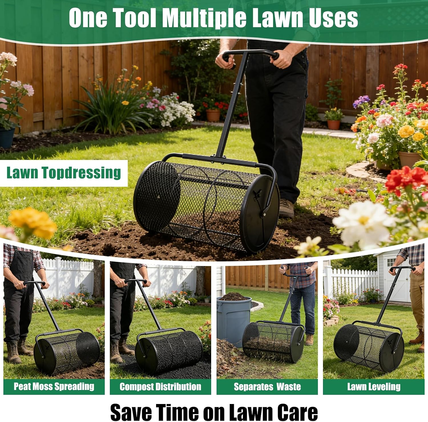 Peat Moss Spreader, 24 Inch Compost Spreader 21"-32" Height Adjustable Handle Top Soil Sand Manure Mulch Top Dressing Lawn and Garden Spreader