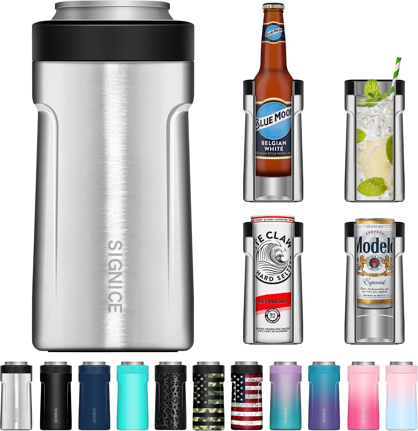 3 In 1 Insulated Universal Can Cooler - Signice Double Walled Vacuum Insulator Stainless Steel Slim Can Cooler for 12 Oz Skinny Tall Standard