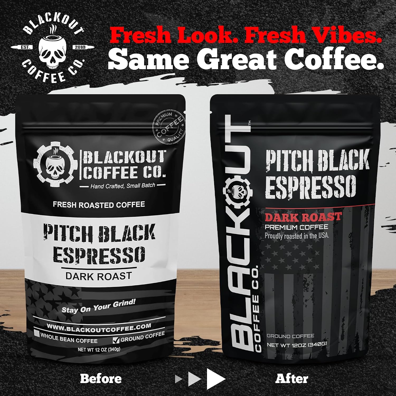 Blackout Coffee Pitch Black Espresso Ground Coffee – Extra Dark Roast, European-Style, Bold & Aromatic – Freshly Roasted 12oz Bag.