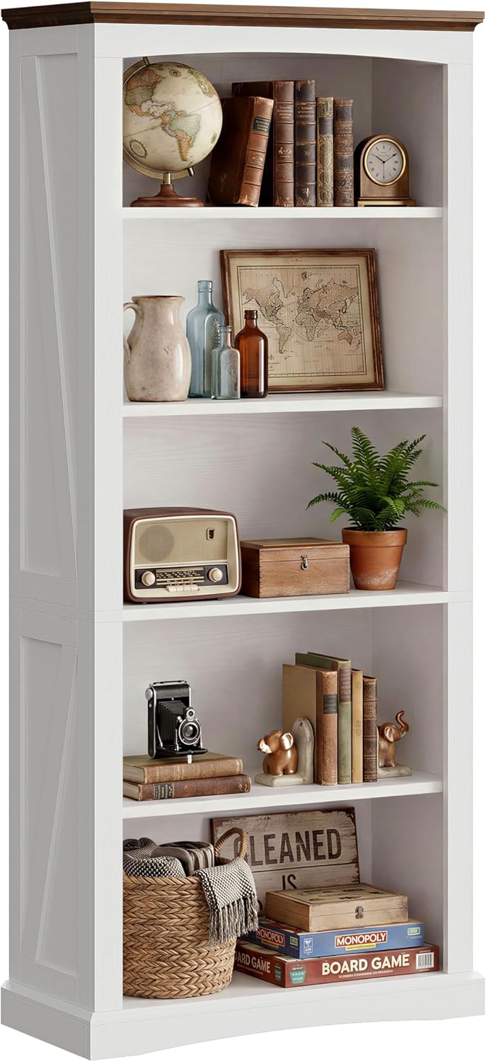 IRONCK 5 Tier Farmhouse Bookshelf 70.9" White Bookcase with Brown Wood Top | brown top & brace side panels, anti-tip stable design, bookcase, bedroom