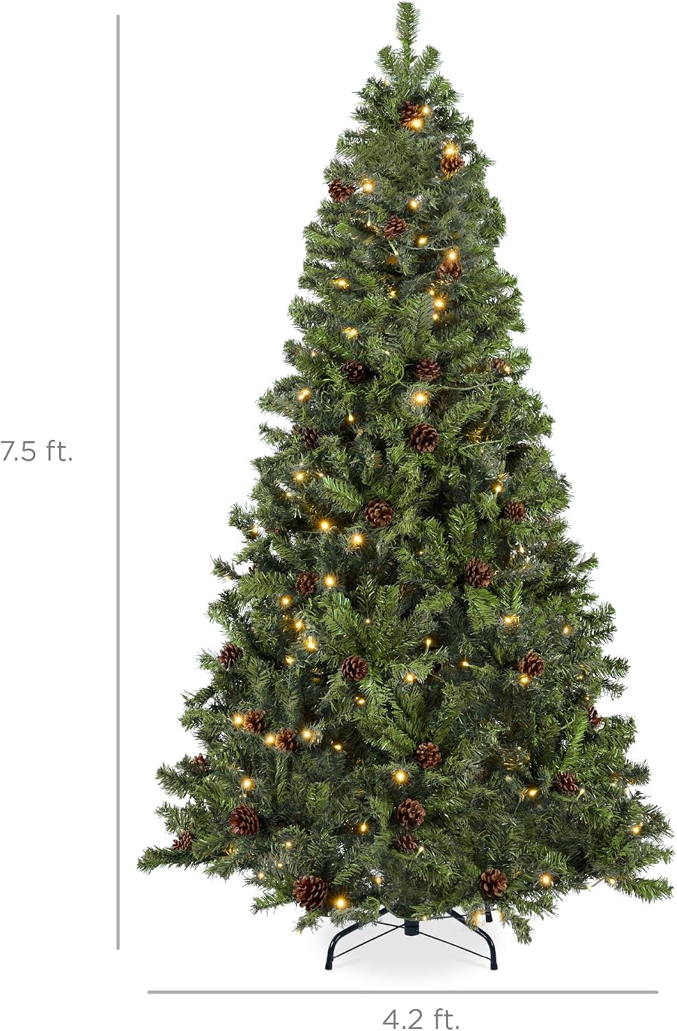 Best Choice Products 7.5ft Pre-Lit Pre-Decorated Pine Artificial Christmas Tree w/Twinkling LEDs, 1, 346 Flocked Frosted Tips, 80 Pinecones