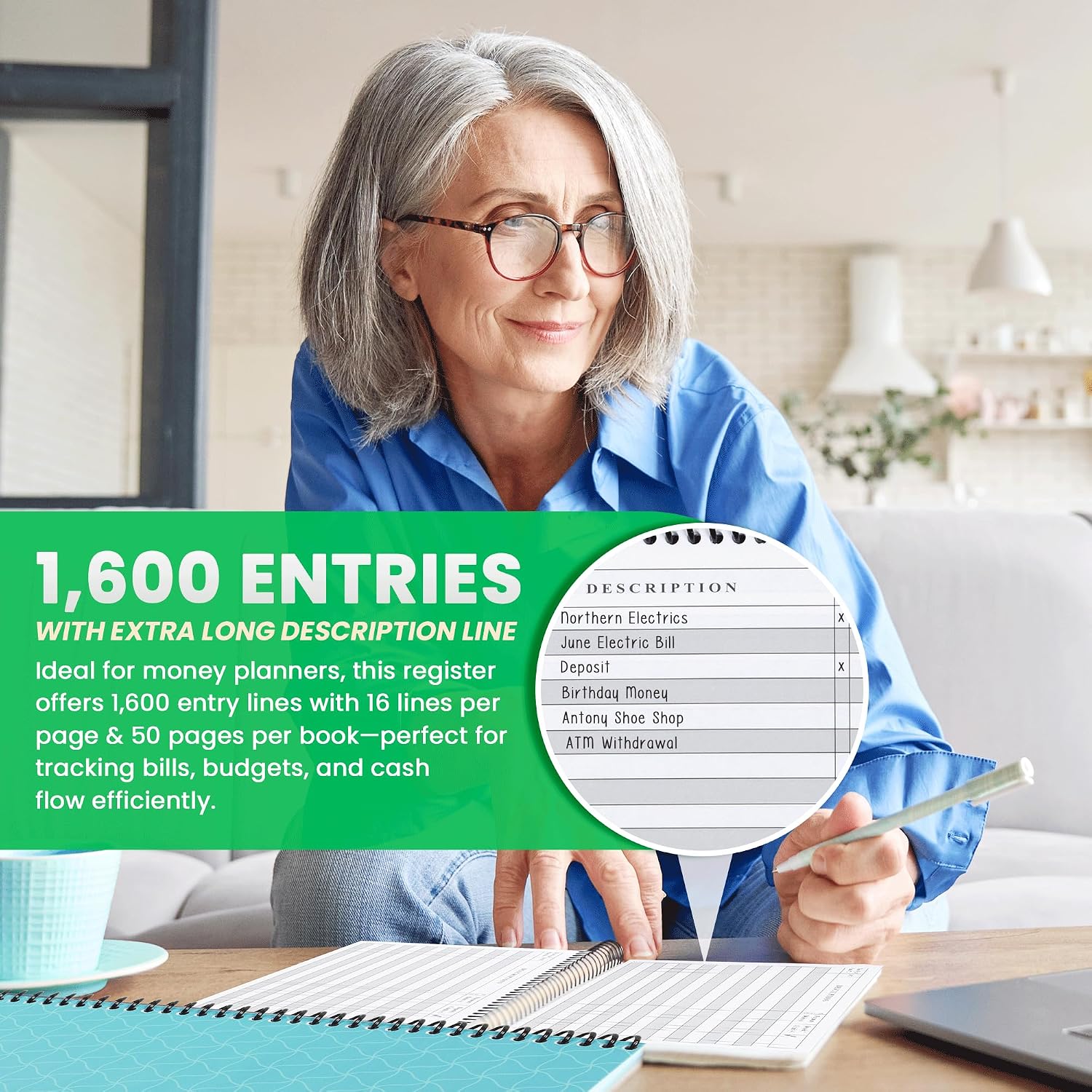 The Superior Register - Simple Account Tracker - Big Checkbook Register & Financial Ledger - Debit Card Register - Bank Register - 1 Pack, Teal, Wide Edition