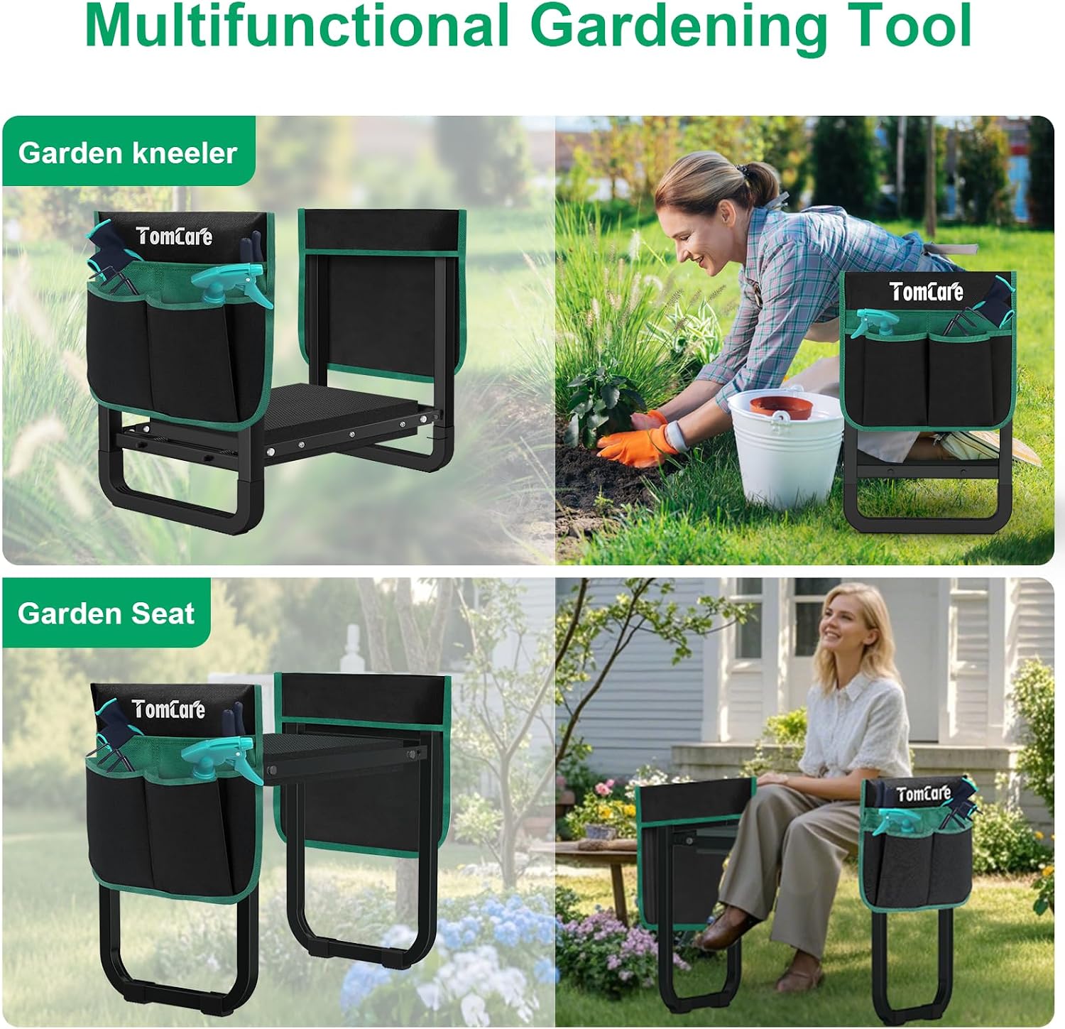 TomCare Garden Kneeler and Seat, 11.12" Kneeling Pad Sturdy Garden Bench | Heavy Duty Garden Stool, 450 lbs Load Capacity, 2 Tool Pouches, Foldable Design, Gardening Gift for Women, Men and Gardeners