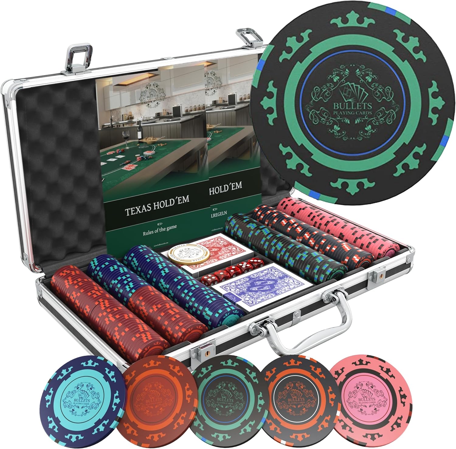 Bullets Playing Cards | Poker Set Corrado | 500 Clay Poker Chips (14 g) with Aluminum Case & Playing Cards – Texas Hold’em
