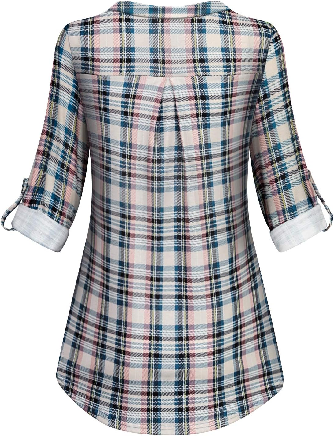 Tanst Sky Womens Casual Long Sleeve Zipped V Neck Plaid Tunic Blouses