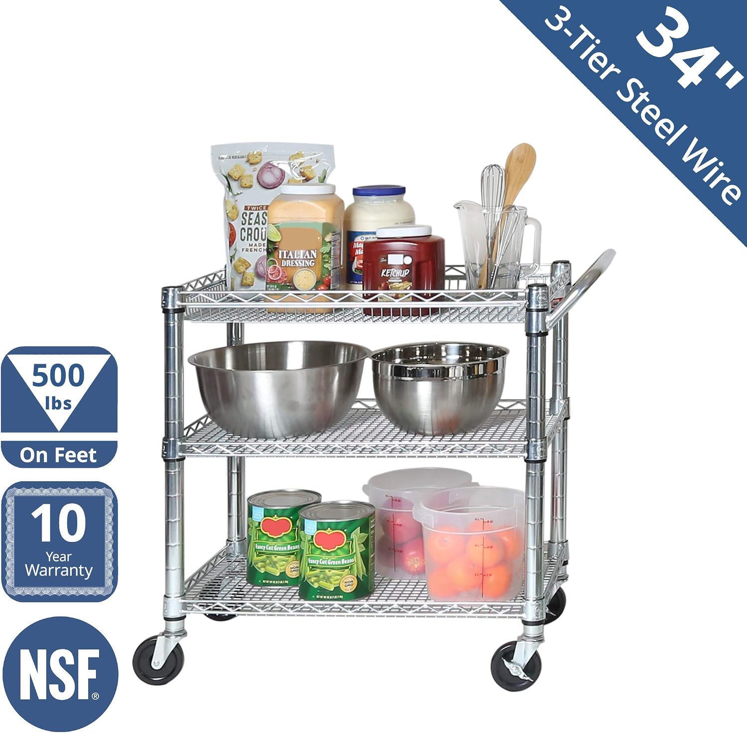 Seville Classics UltraDurable NSF Commercial Heavy Duty Metal Rolling Utility Cart, w/ Steel Shelves, Handle Bar for Restaurant, Garage, Warehouse, Kitchen, Office, Top Shelf (36"W x 18"D)