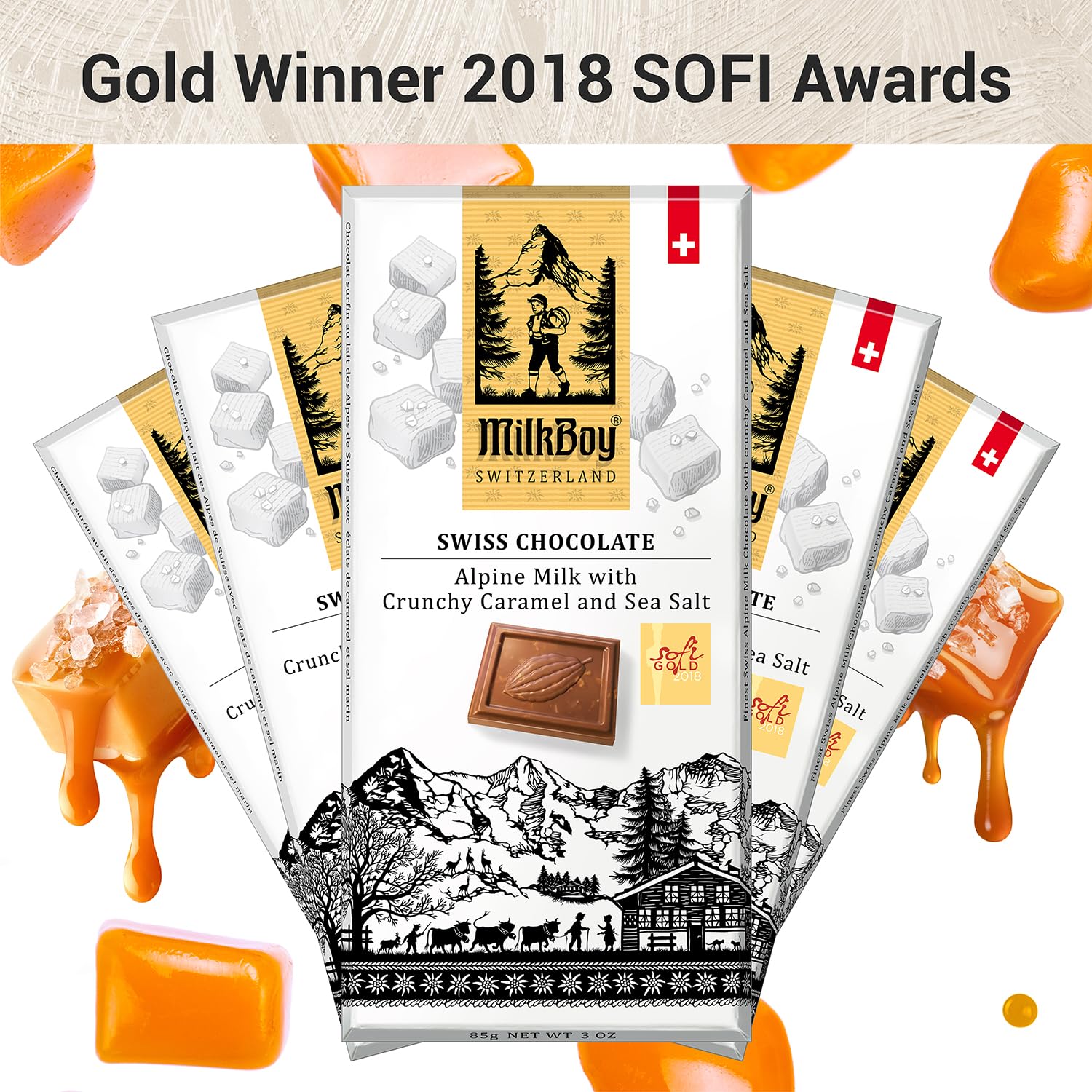 MilkBoy Swiss Chocolates Milk Chocolate Bars, Caramel Salt - 3 oz, 5 Pack | Premium gourmet treat with crunchy caramel and sea salt. Gluten free. Non-GMO. Kosher. Crafted in Switzerland.