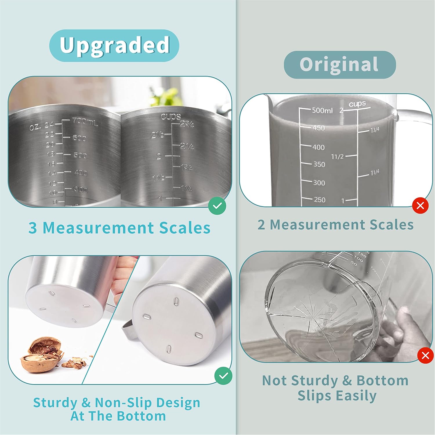 Newness Stainless Steel Measuring Cup, Metal Measuring Cup with Handle (Upgraded, 3 Marking Including Cup/ML/Ounce Scale), 16 Ounces (0.5 Liter, 2 Cup)