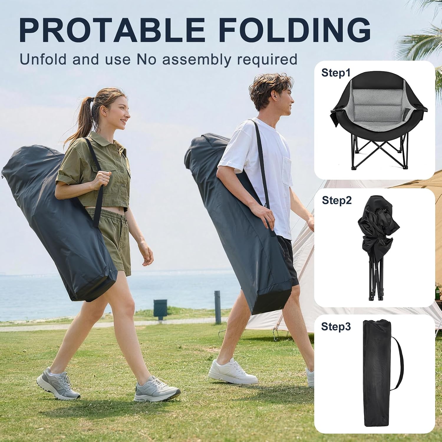 Oversized Camping Chairs for Adult - Heavy Duty Padded Portable Folding Chair XL Collapsible Camp Chair with Cup Holder Side Pocket for Outdoor Lawn Beach Sport Fishing Support 500LBS, Grey
