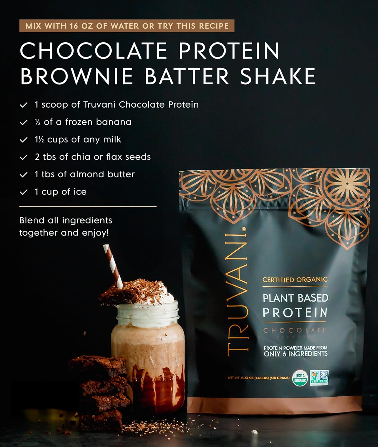 Truvani Organic Plant Based Protein Powder | Chocolate | 1 Serving