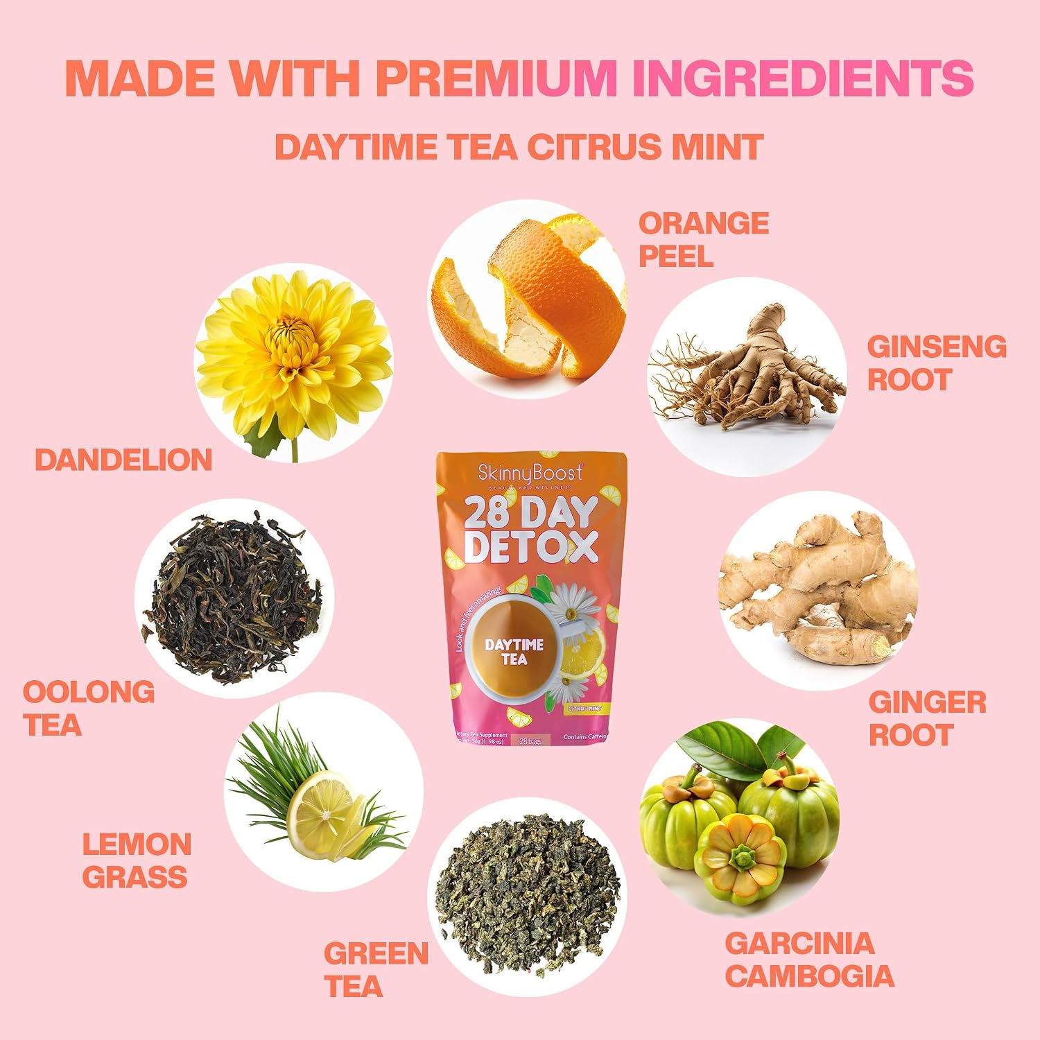SkinnyBoost 28 Day Detox Daytime Tea - CITRUS MINT (28 Tea Bags) Supports Metabolism Boost, Detox, All Natural, Non GMO, Vegan, Keto Friendly | Natural Energy Boost, Supports Metabolism, Detox, All Natural, Non GMO, Vegan, Keto Friendly, Antioxidants