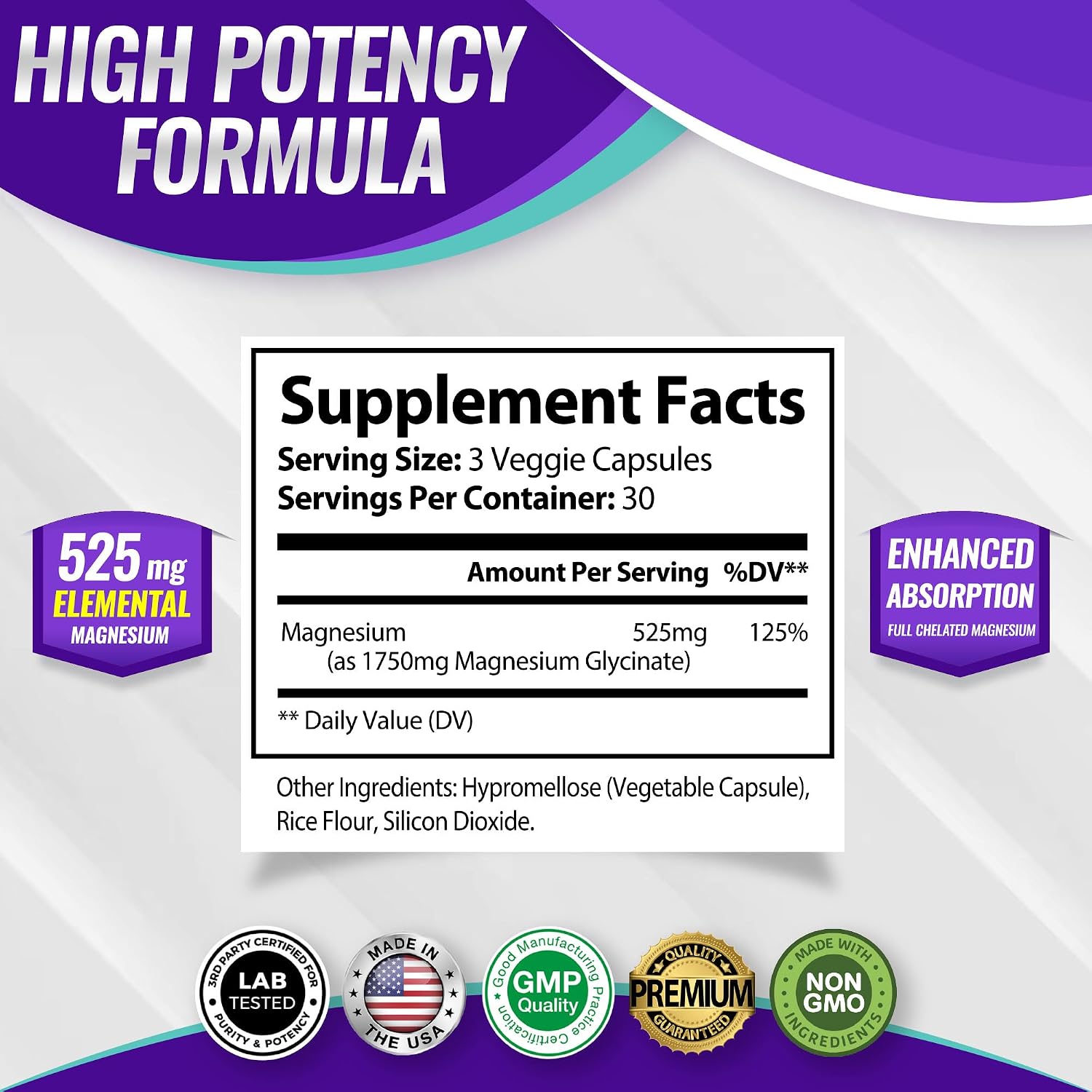 Magnesium Glycinate 525mg - High Absorption Chelated Magnesium Supplement Made with Pure Magnesium Glycinate - Supports Muscles, Sleep, Cramps