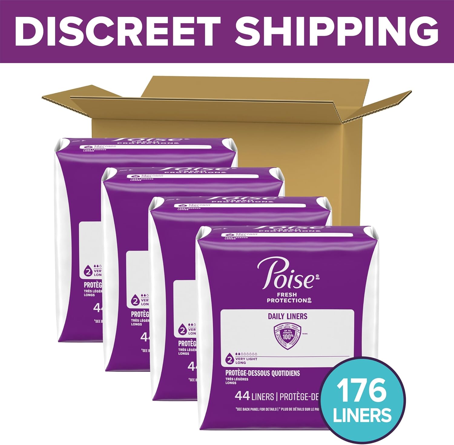 Poise Daily Liners, Incontinence Panty Liners for Bladder Leaks, 2 Drop Very Light Absorbency, Long Length, 264 Count of Pantiliners (6 Packs of 44), Packaging May Vary