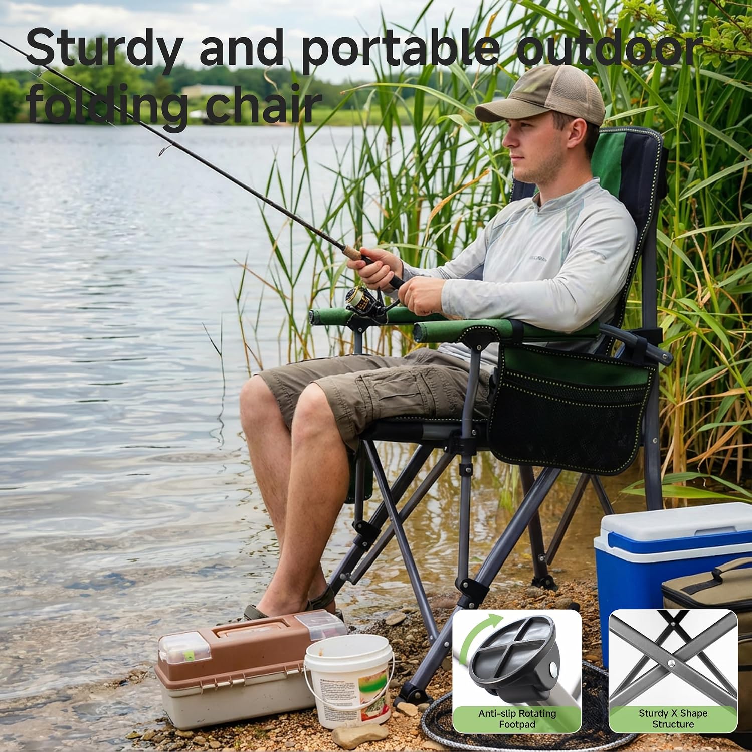 Adjustable Back Folding Camping Chair for Camp, Picnic, Lawn, Fishing | Adjustable Back; Weight Capacity 400 LBS;Hard Arm Portable Chair;Cup Holder;Storage Bag;carrying bag
