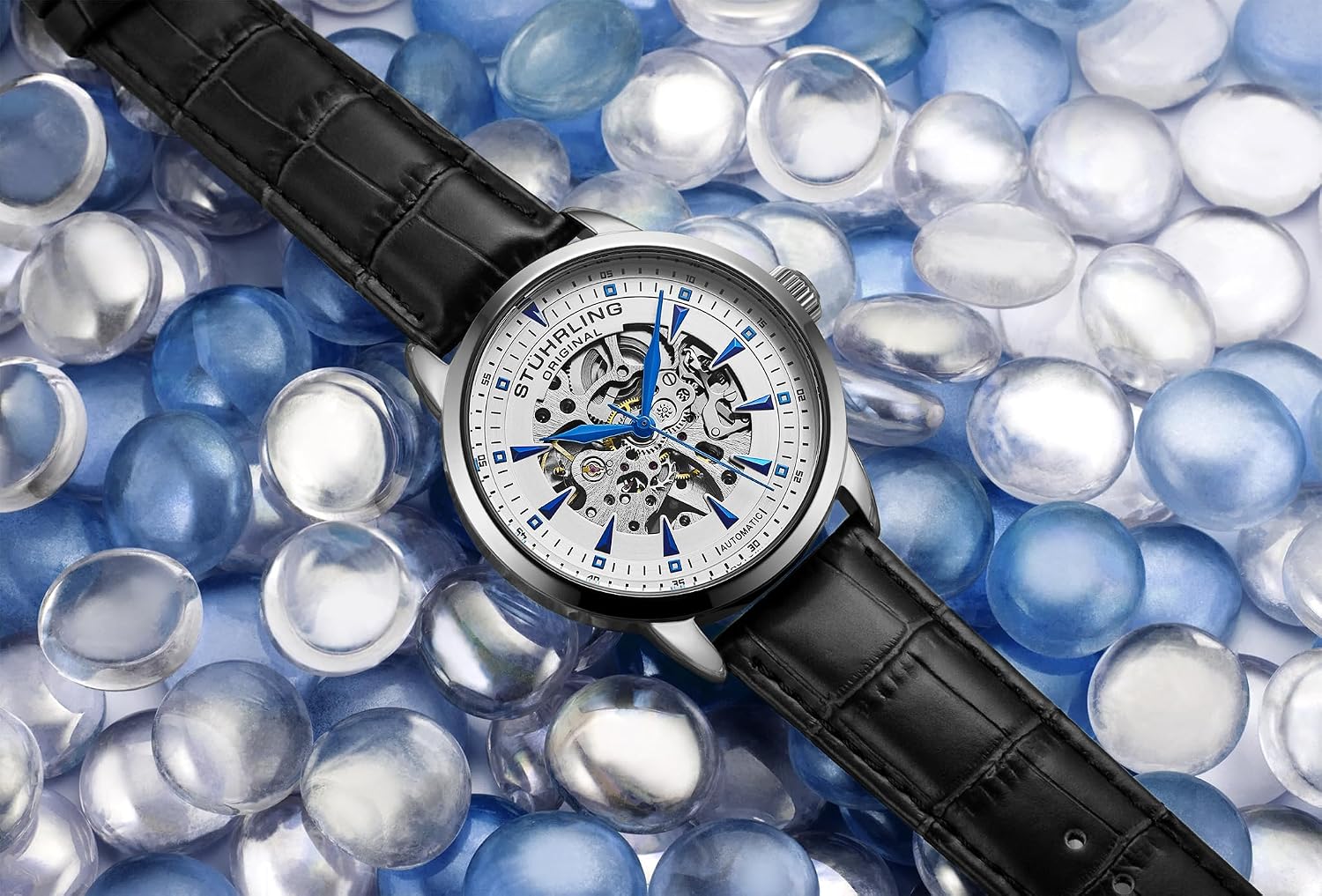 Stuhrling Original Mens Skeleton Automatic Dress Watch with Alligator Embossed Leather Strap Skeleton Dial