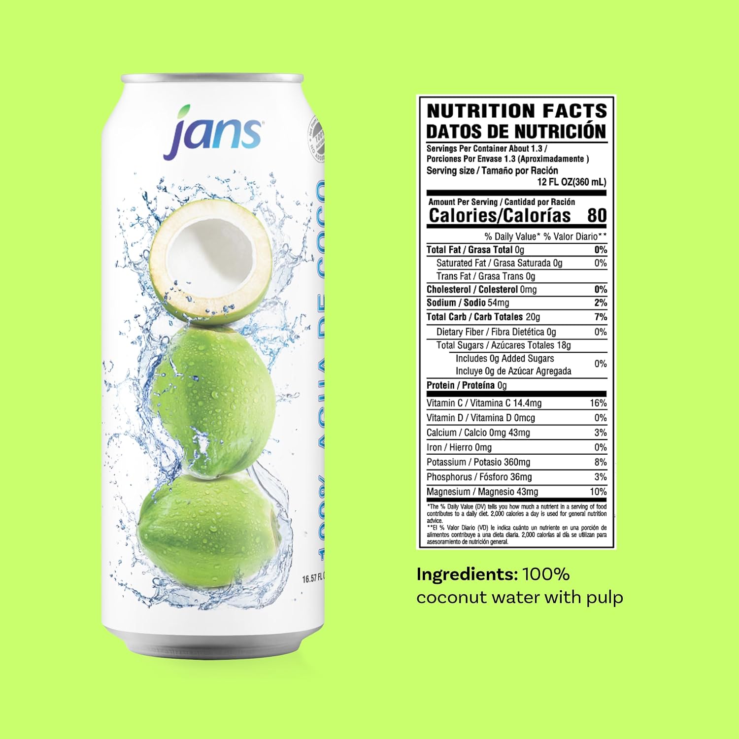 Jans 100% Coconut Water With Pulp, Unsweetened, 16.57 Fl Oz, Pack of 12