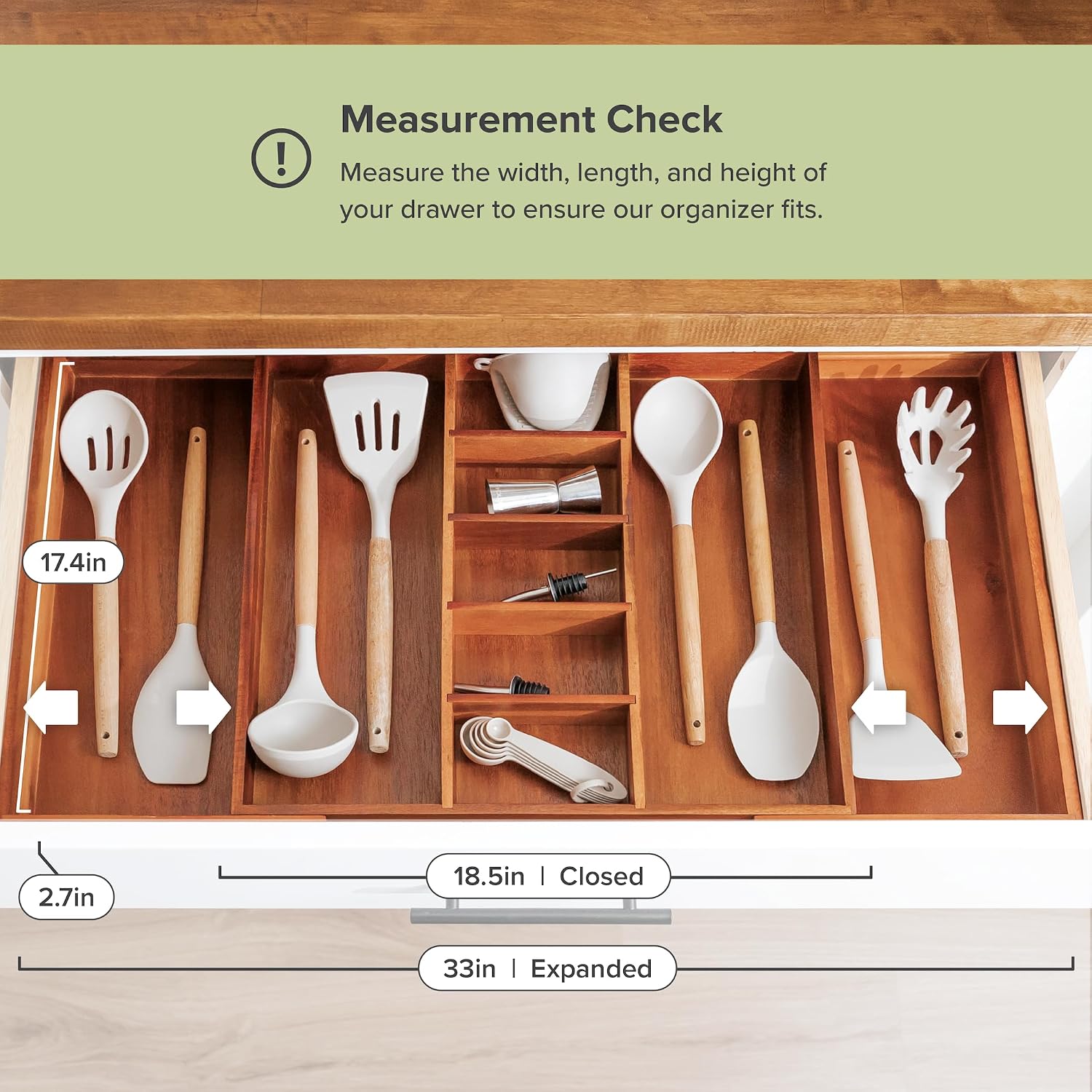 Utensil & Junk Drawer Organizer, 16-28 in, Bamboo | Food-safe contract grade, 100% sustainable wood, non-slip, adjustable