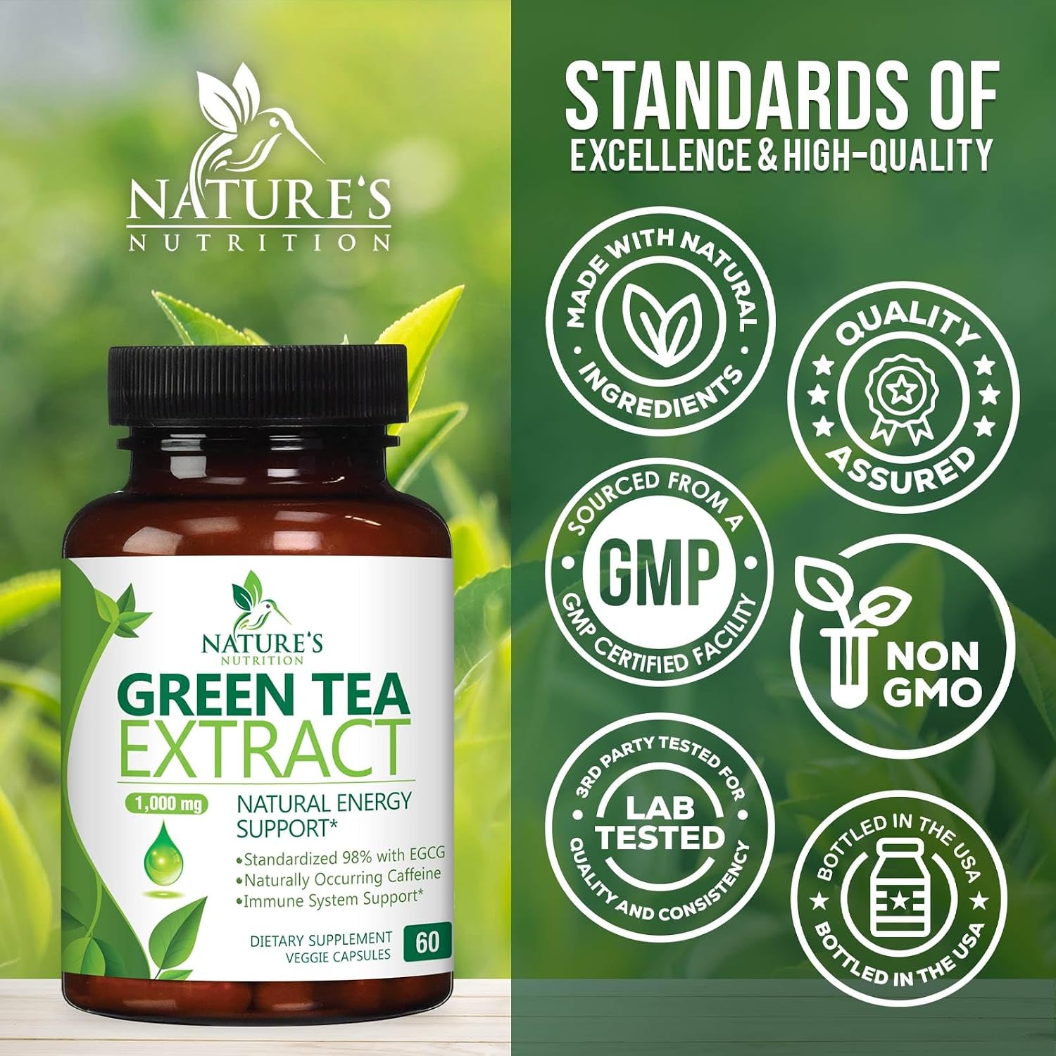 Green Tea Extract Capsules - 3X Strength Green Tea Extract 1000 mg Per Serving Pills with 45% EGCG & 98% Polyphenols for Natural Energy - Antioxidant Herbal Heart Support Supplement - 240 Capsules