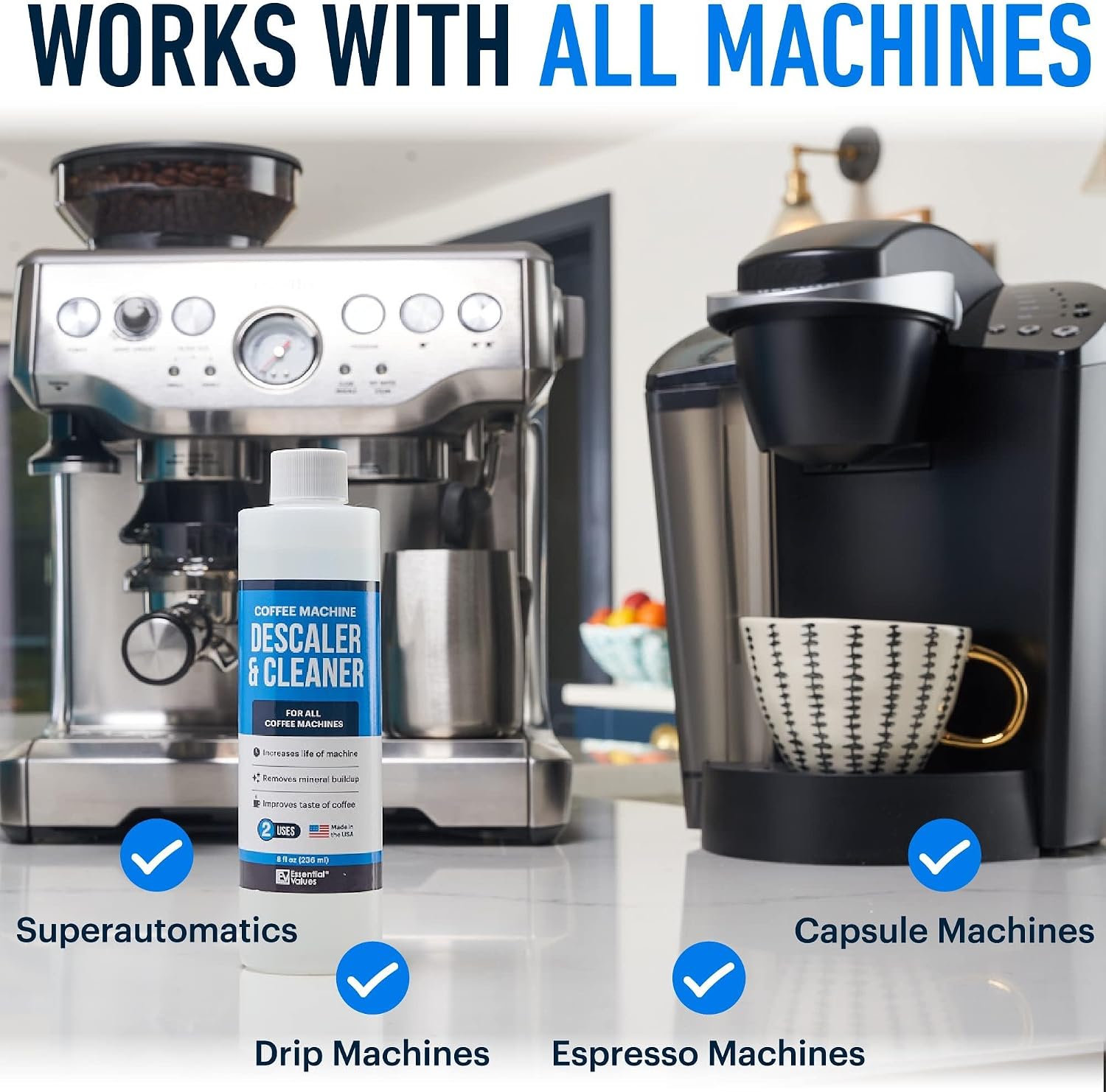 Essential Values Universal Descaling Solution, Made in the USA for Delonghi, Keurig, Breville,Nespresso (2 Uses) Coffee Machine Descaler Cleaner for all Automatic Coffee Makers & Espresso Machines