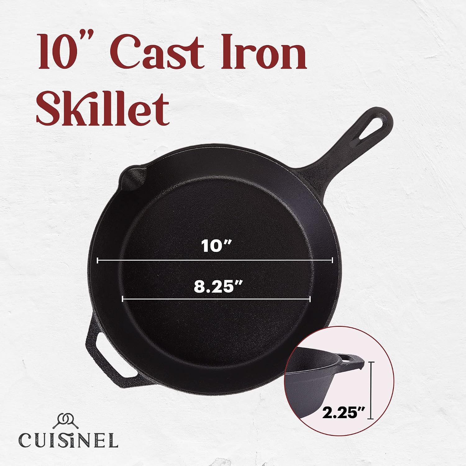 Cast Iron Skillet - 10"-Inch Frying Pan with Pour Spouts + Pan Scraper + Silicone Grip Handle Cover Holder - Pre-Seasoned Oven Cookware - Indoor/Outdoor Use - Stovetop, Induction. PFAS and PFOA-free