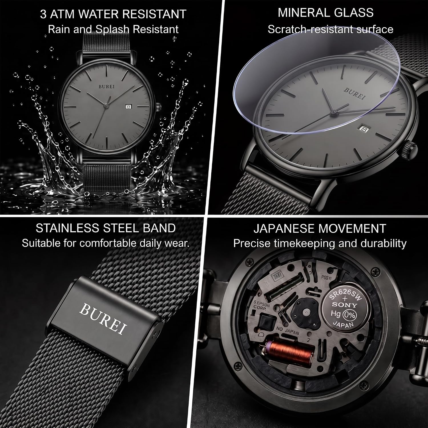 BUREI Men Wrist Watches Fashion Minimalist Thin Analog Quartz Waterproof Watches for Men, Refined Gifts for Men, Boyfriend, Husband, Dad