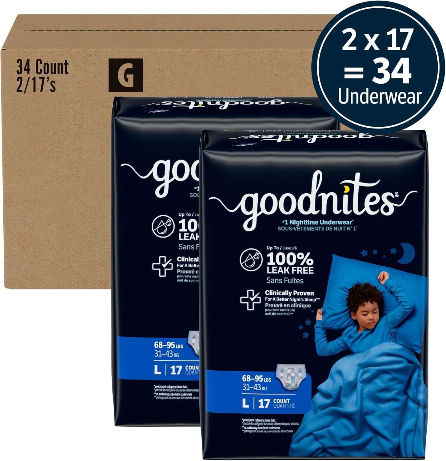 Goodnites Boys' Nighttime Bedwetting Underwear, Size S/M (43-68 lbs), 44 Ct (2 Packs of 22), Packaging May Vary