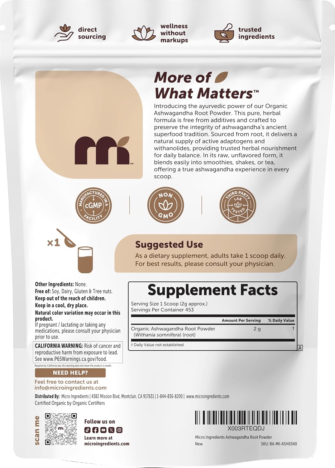 Micro Ingredients Organic Ashwagandha Root Powder, 2 lb | 453 Servings | Pure Withania Somnifera Root | Ancient Ayurvedic Herb