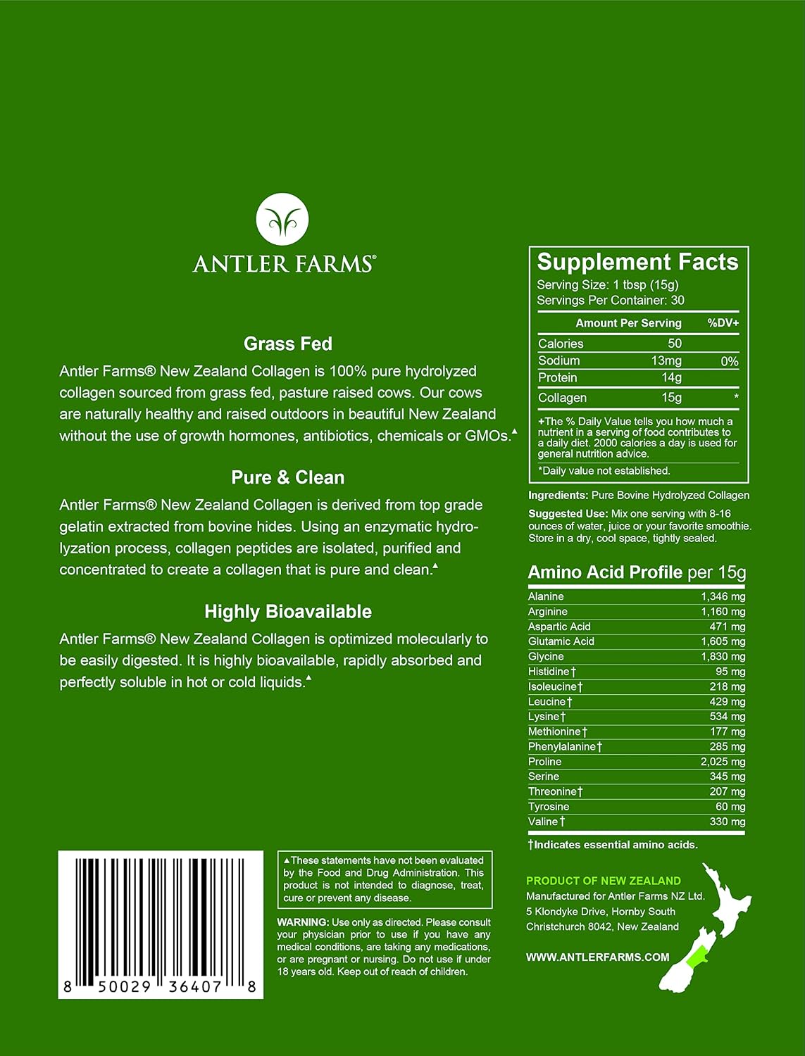 Antler Farms New Zealand Collagen Powder - Grass Fed, Unflavored, 1 lb | 100% Pure Hydrolyzed Collagen Peptides Powder, Cold Water Soluble Peptide
