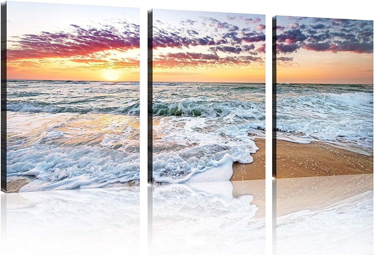 TutuBeer 3 Panel Beach Canvas Wall Art for Home Decor Blue Sea Sunset White Beach Painting the Picture Print on Canvas Seascape the Pictures for Home Decor Decoration,Ready to Hang