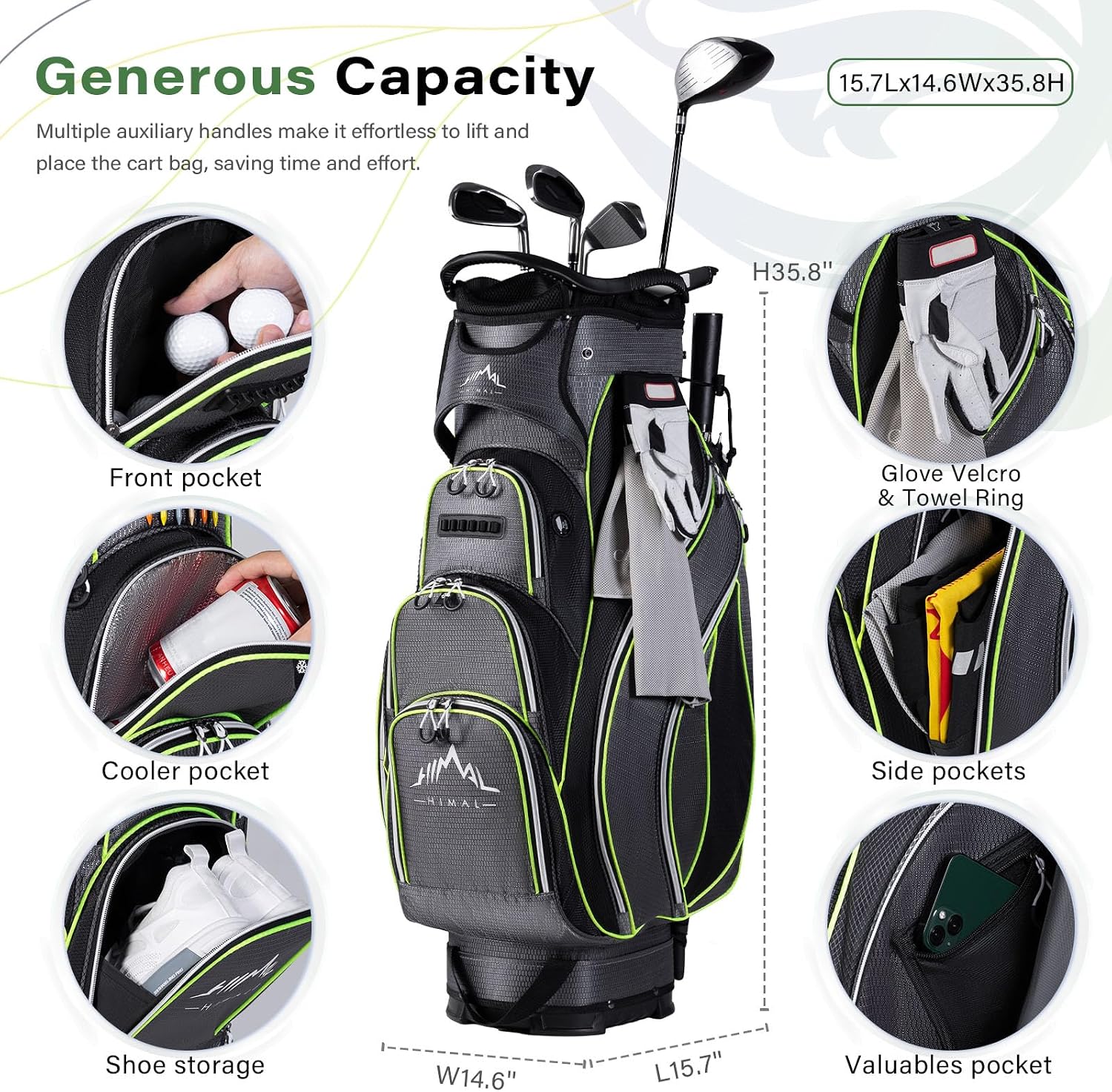 Golf Cart Bag, 14-Way Divider Top, Large Storage | Umbrella Holder,Handles