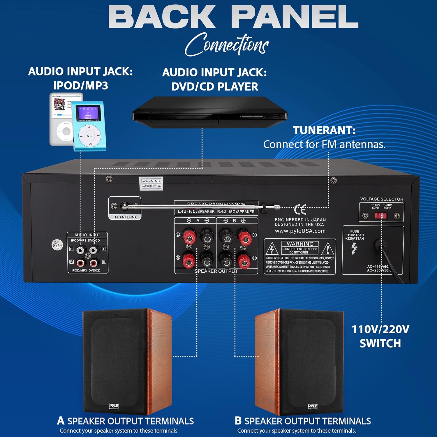 Pyle Home Stereo Amplifier with Bluetooth - 300 Watt Max 4 Channel Stereo Receiver with Easy Karaoke - Dual Mic In with EQ and Echo, USB-A and SD Card In, RCA In, RCA Out, LED Display - PT272AUBT