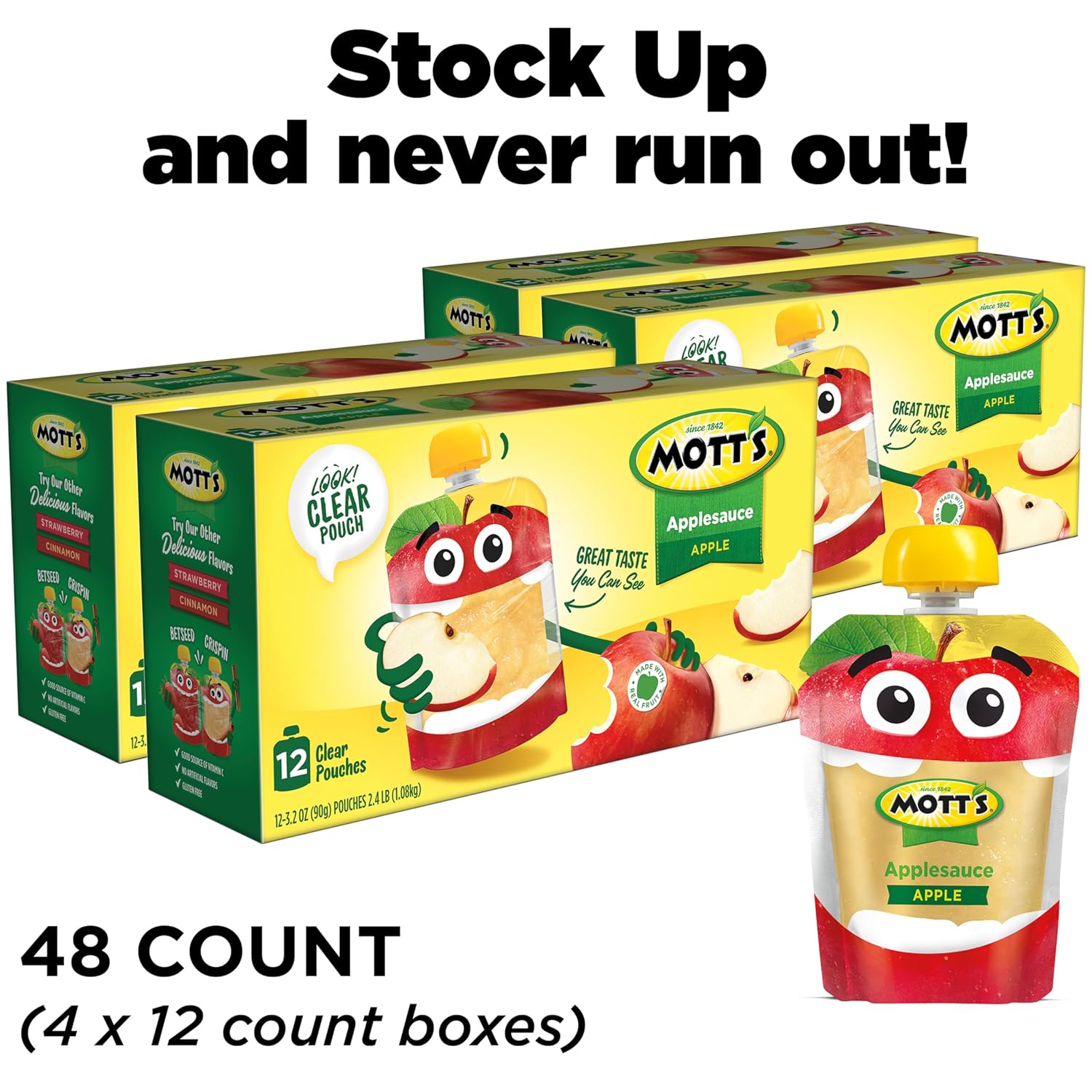 Mott's Original Applesauce, 3.2 Oz Clear Pouches, 48 Count (4 Packs Of 12), No Artificial Flavors, Good Source Of Vitamin C, Nutritious Option For The Whole Family