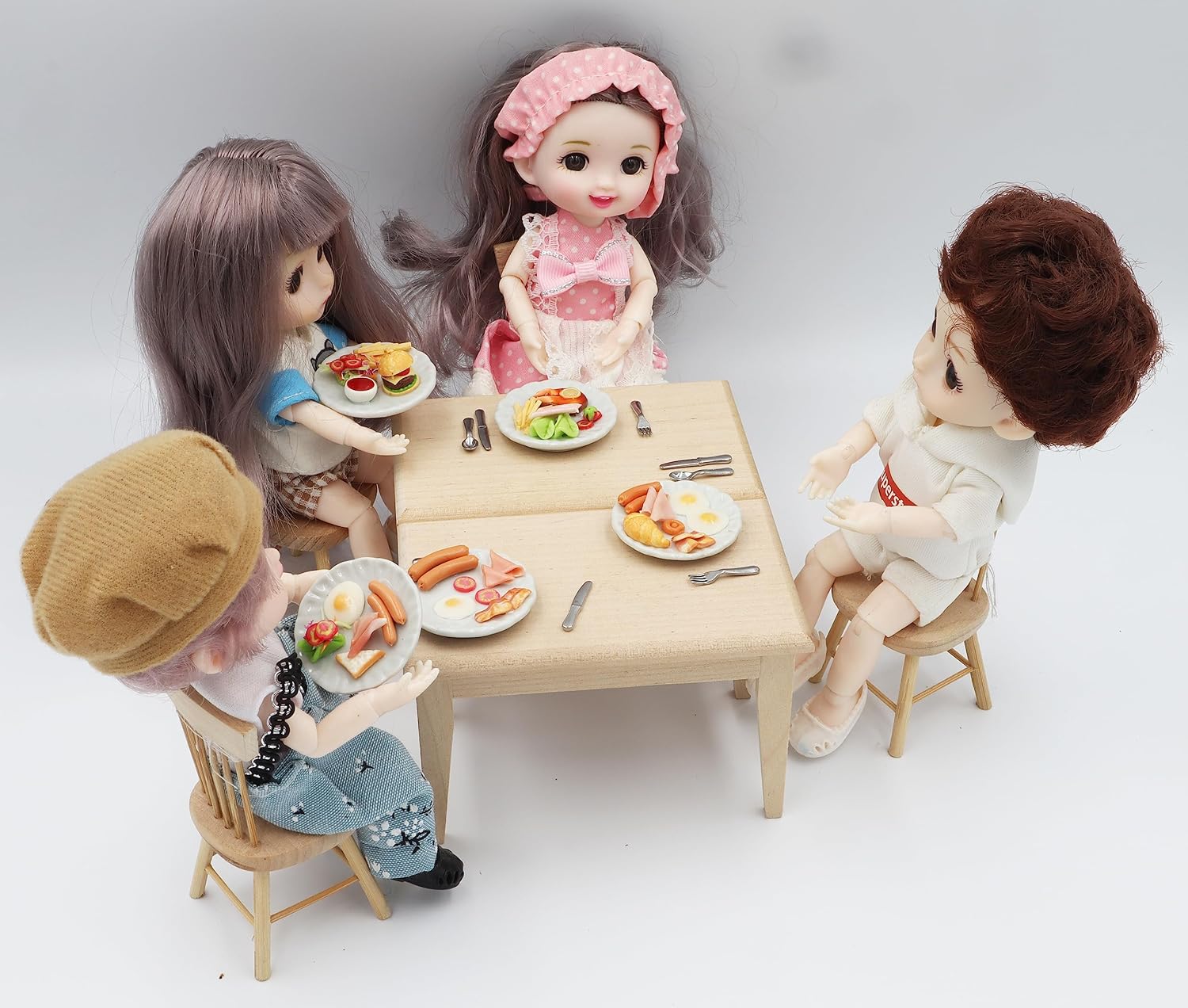 Mixed 5 Assorted Breakfast Dollhouse Miniature Food Set (1/6 Scale) – Sausage, Salmon Steak, Bacon, Burger & Fried Egg on Ceramic Plates