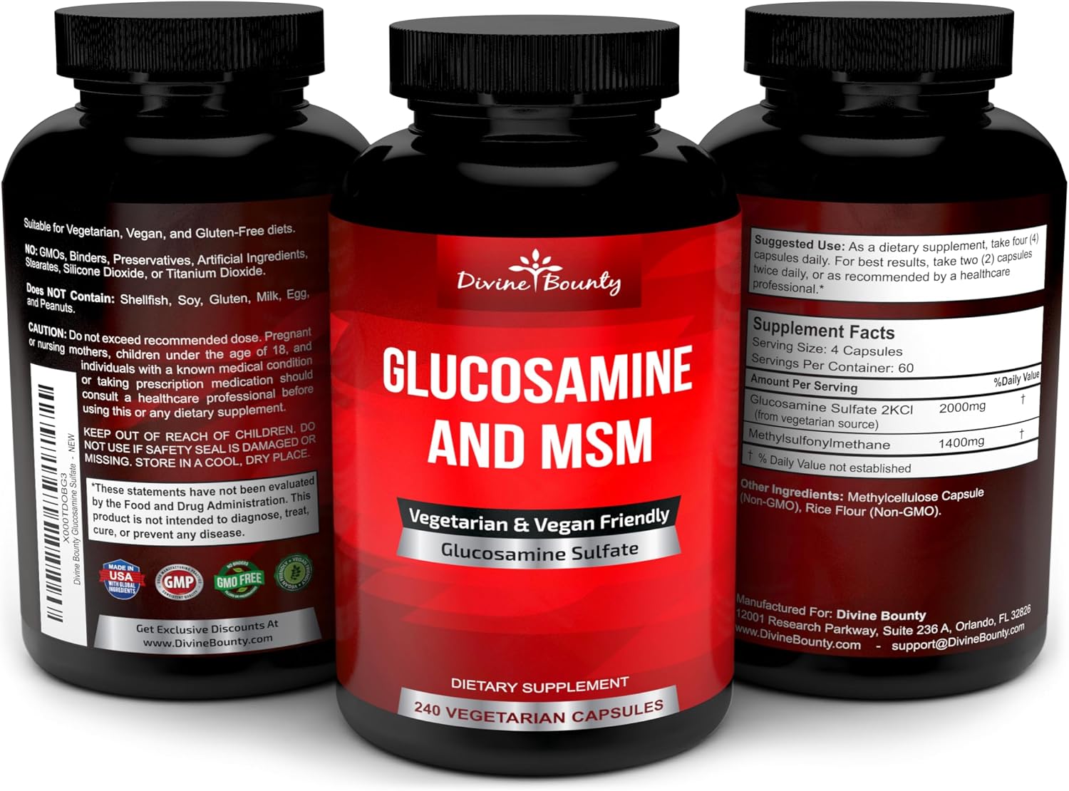 Divine Bounty Glucosamine Sulfate 2000mg with MSM, 240 Small Capsules | Joint Support Supplement with No Shellfish or Harmful Additives